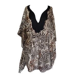BEBE Tunic Top Woman M Black‎ Brown Zebra Kimono Sleeves Accent Neck Beach Pool